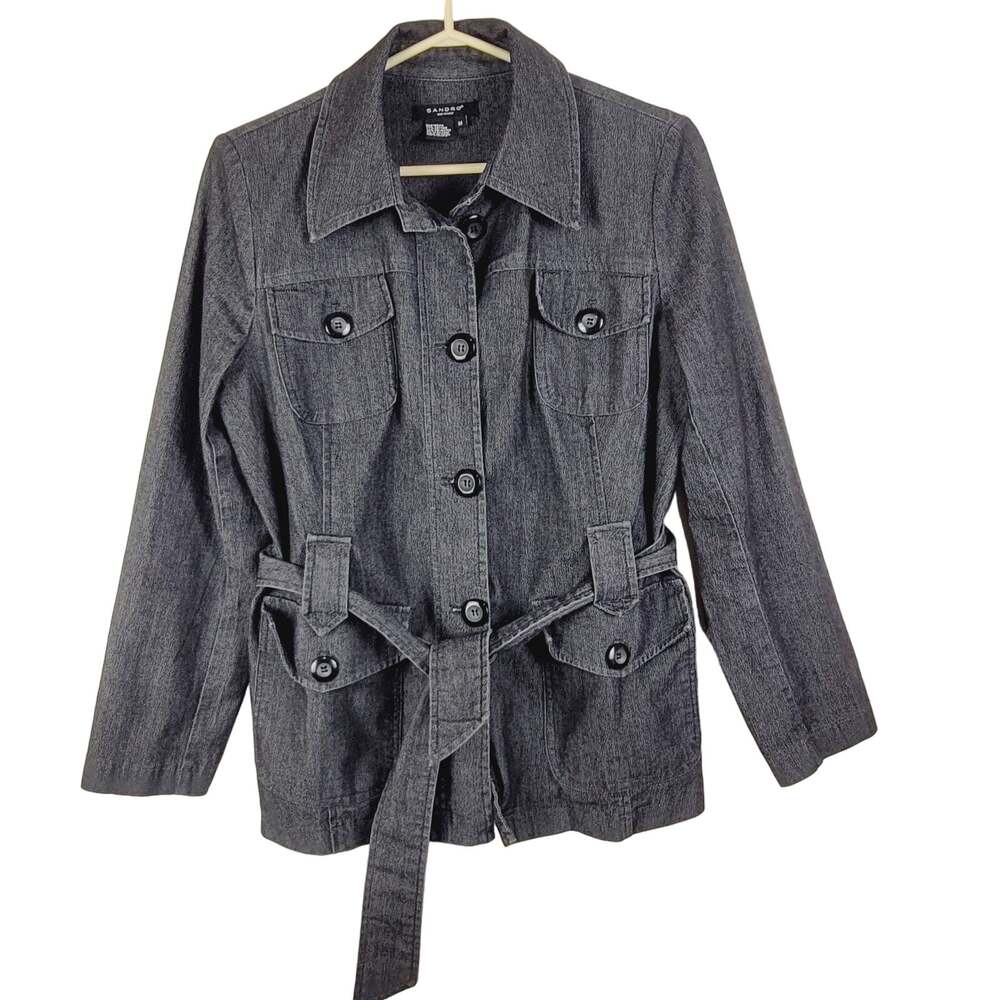 Sandro black denim belted chore pocket jacket Size Med Retro Utility Minimal